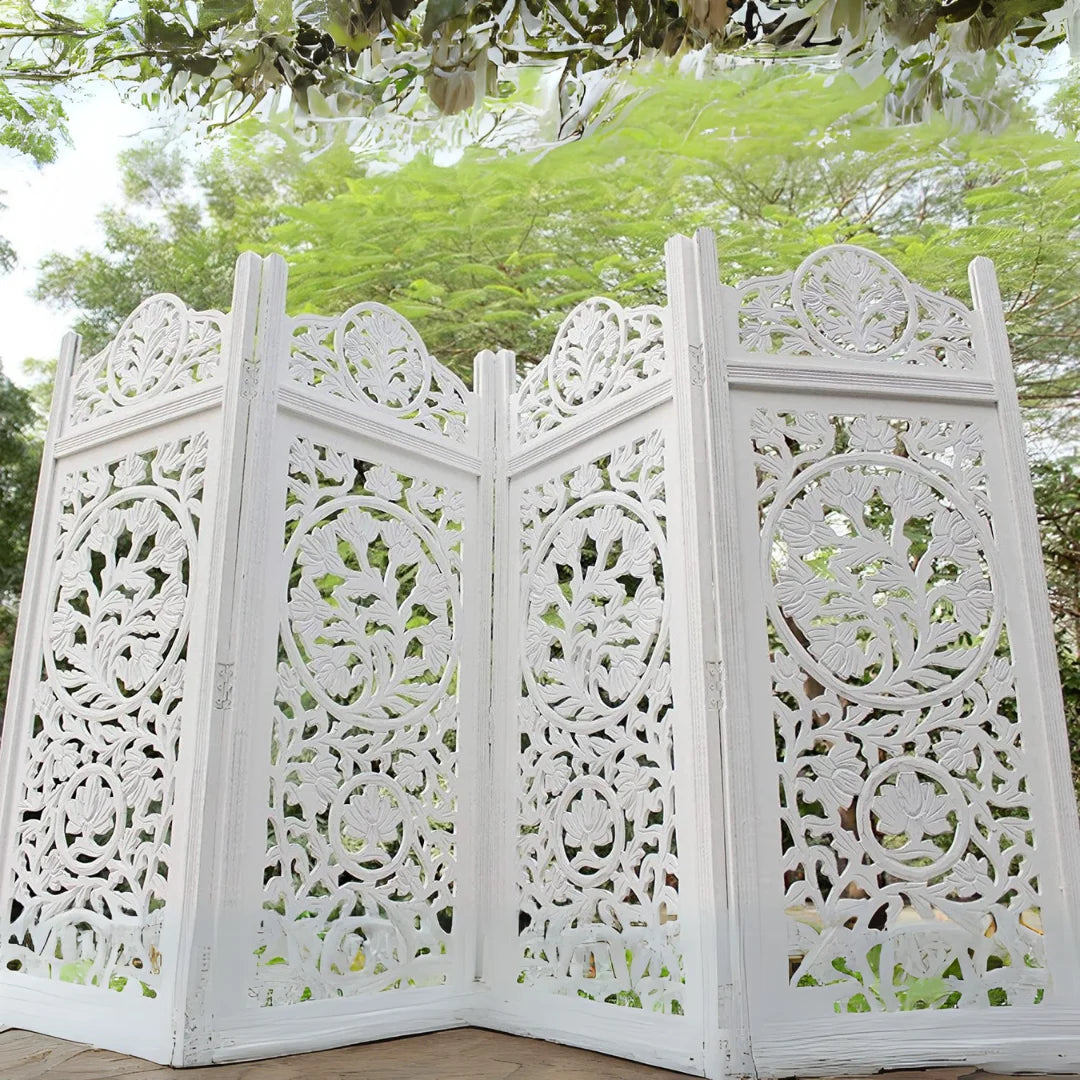 Victorian Four-Panel Room Divider with Floral Medallion Design-Wooden Crest