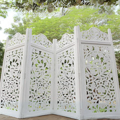 Victorian Four-Panel Room Divider with Floral Medallion Design-Wooden Crest