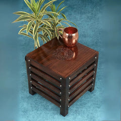 Rustic Slatted Storage Side Table with Metal Accents-Wooden Crest