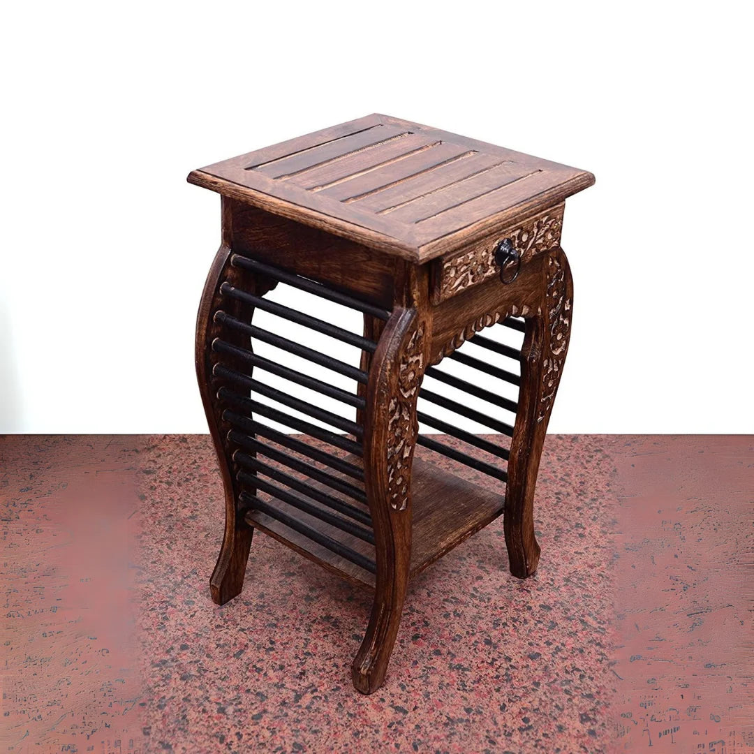 Vintage Carved Drawer Side Table with Spindle Design