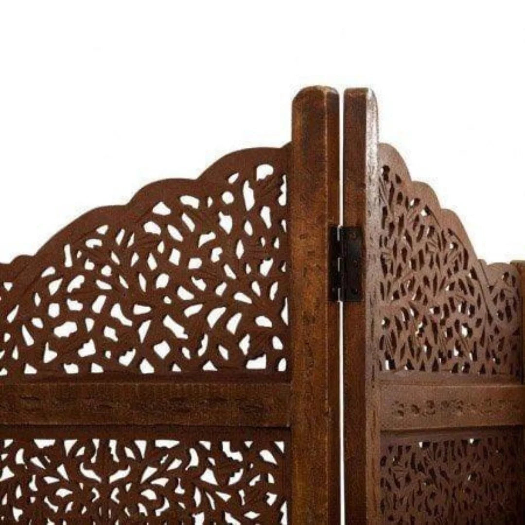 Royal Four-Panel Room Divider with Botanical Jali Design-Wooden Crest