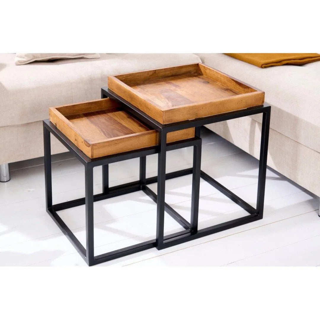 Industrial Nesting Tables Set with Wooden Tray Top