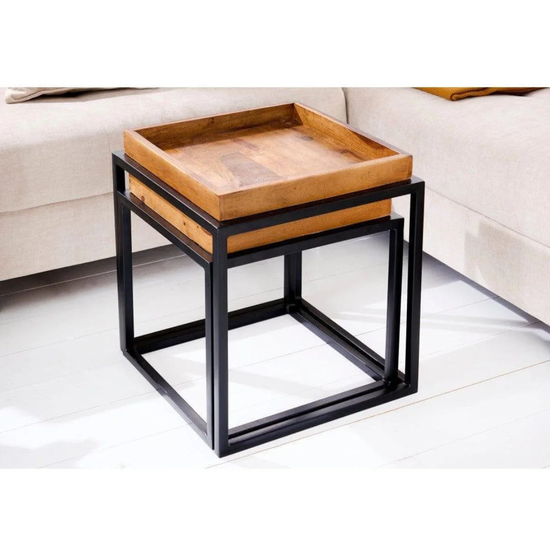 Industrial Nesting Tables Set with Wooden Tray Top