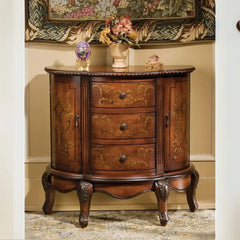 Ornate Hand-Painted Console Cabinet with Curved Front-Wooden Crest
