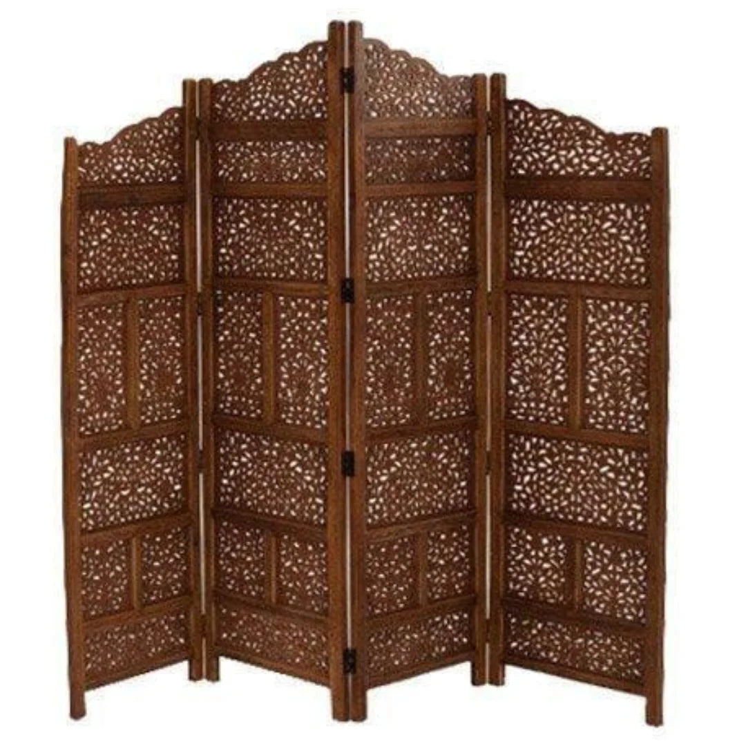 Royal Four-Panel Room Divider with Botanical Jali Design-Wooden Crest
