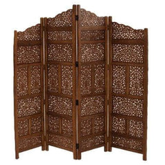Royal Four-Panel Room Divider with Botanical Jali Design-Wooden Crest