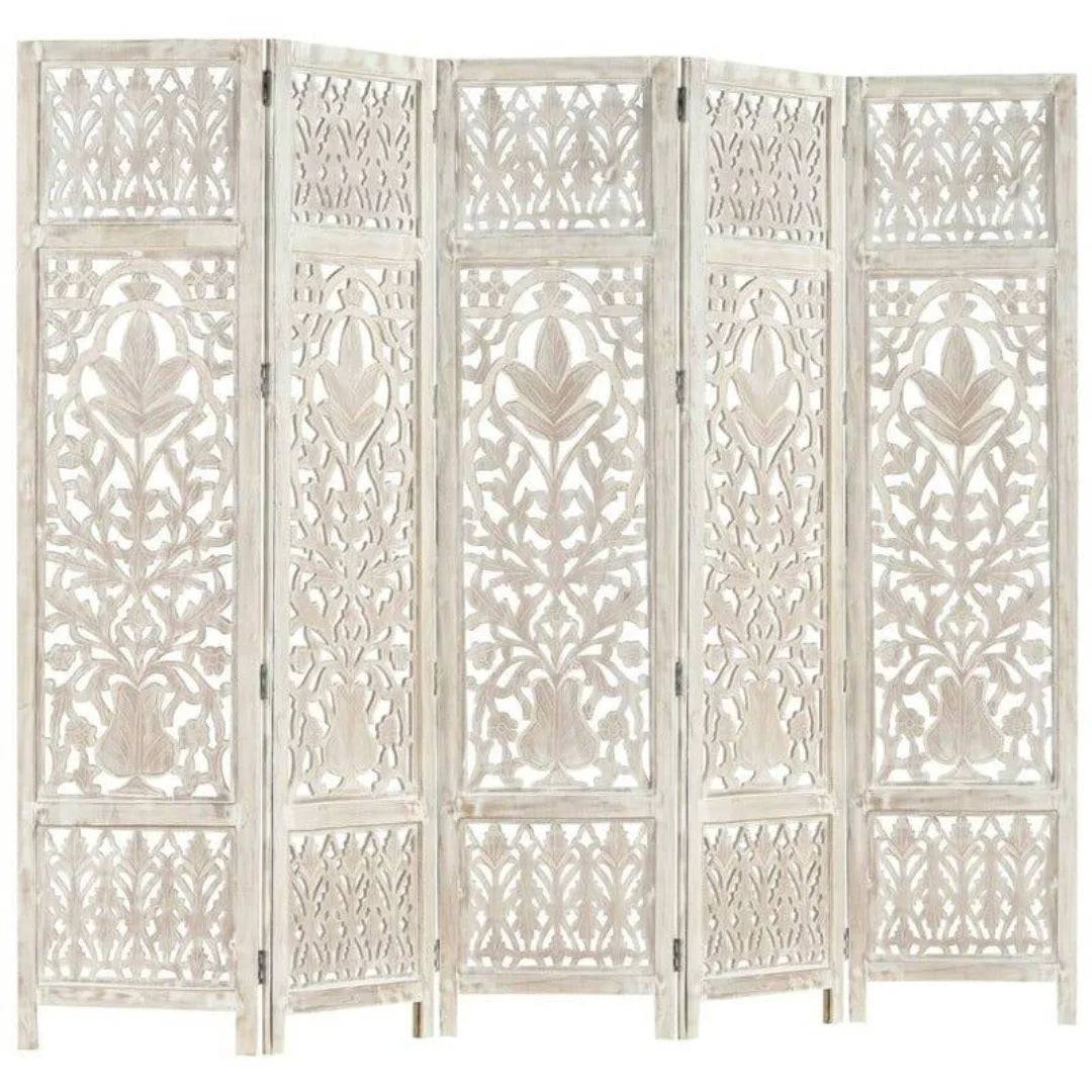 Victorian Five-Panel Room Divider with Scrollwork Design-Wooden Crest