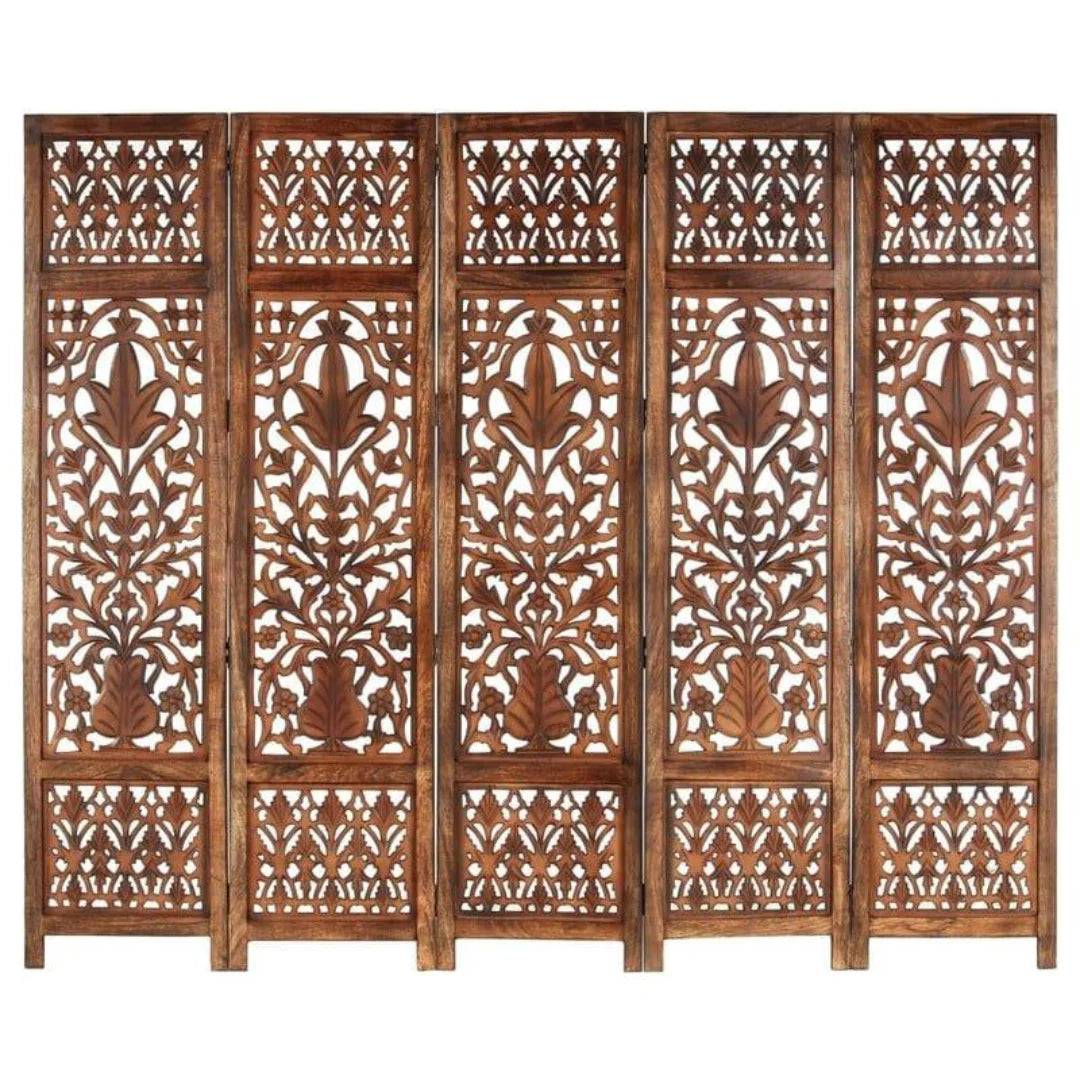 Victorian Five-Panel Room Divider with Scrollwork Design-Wooden Crest
