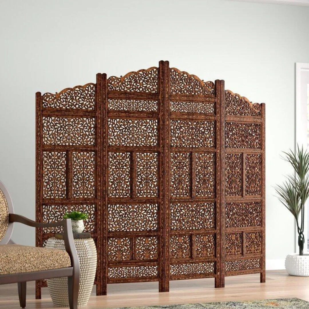 Indian Four-Panel Room Divider with Botanical Filigree