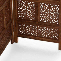 Royal Four-Panel Room Divider with Botanical Jali Design-Wooden Crest