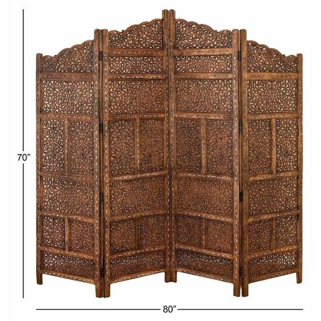 Indian Four-Panel Room Divider with Botanical Filigree