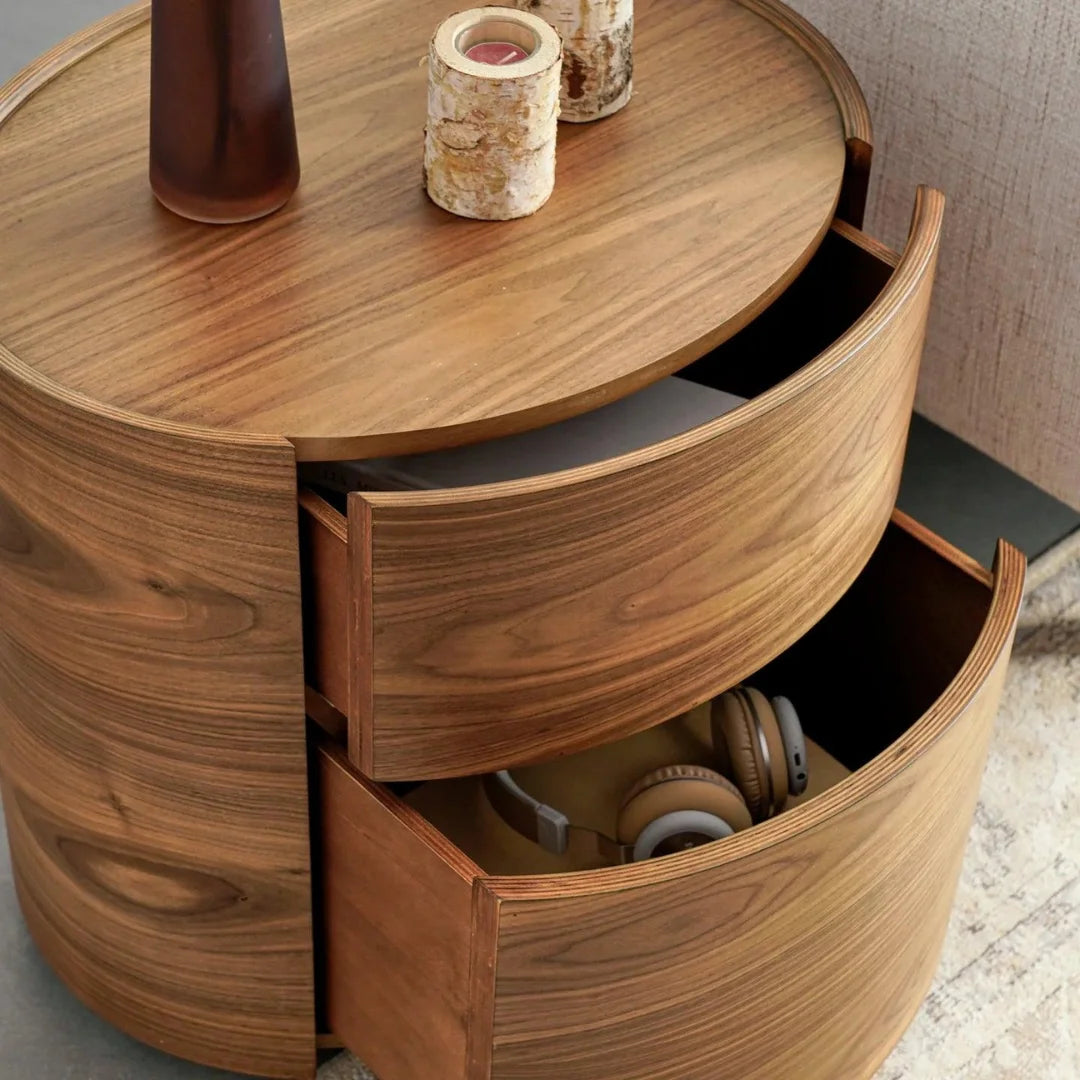 Modern Cylindrical Side Table with Dual Storage Drawers