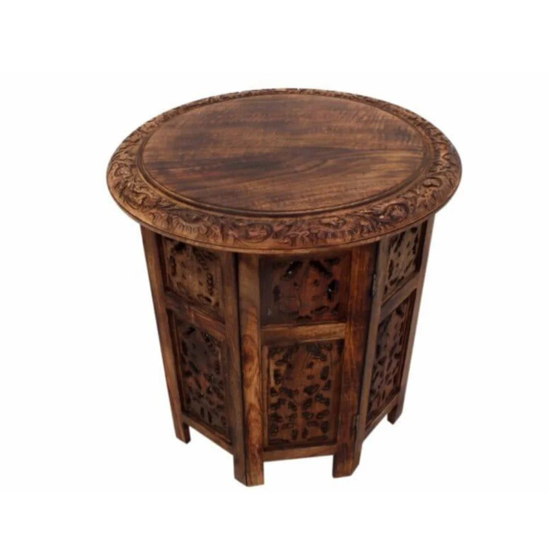 Moroccan Carved Folding Accent Table with Round Top