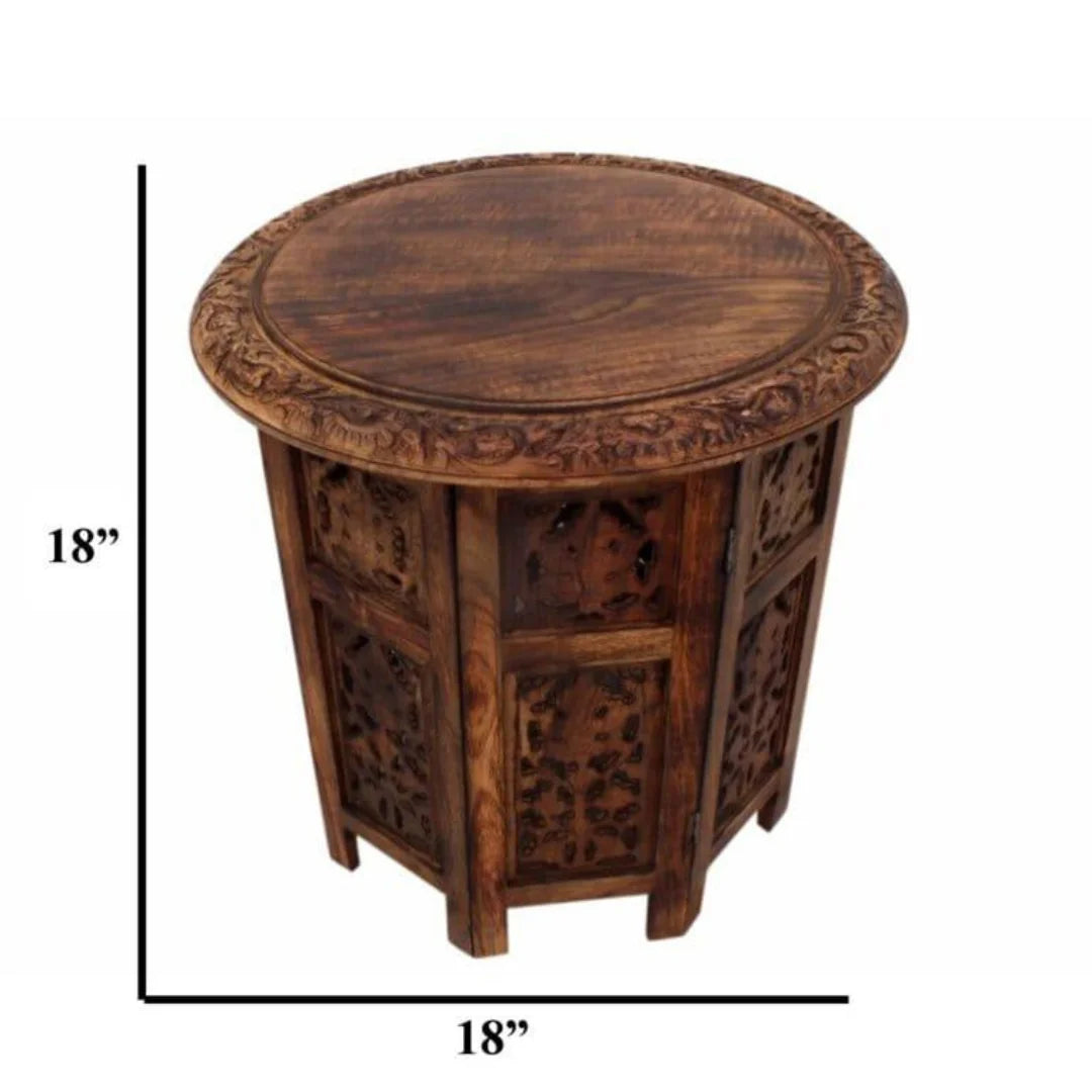 Moroccan Carved Folding Accent Table with Round Top