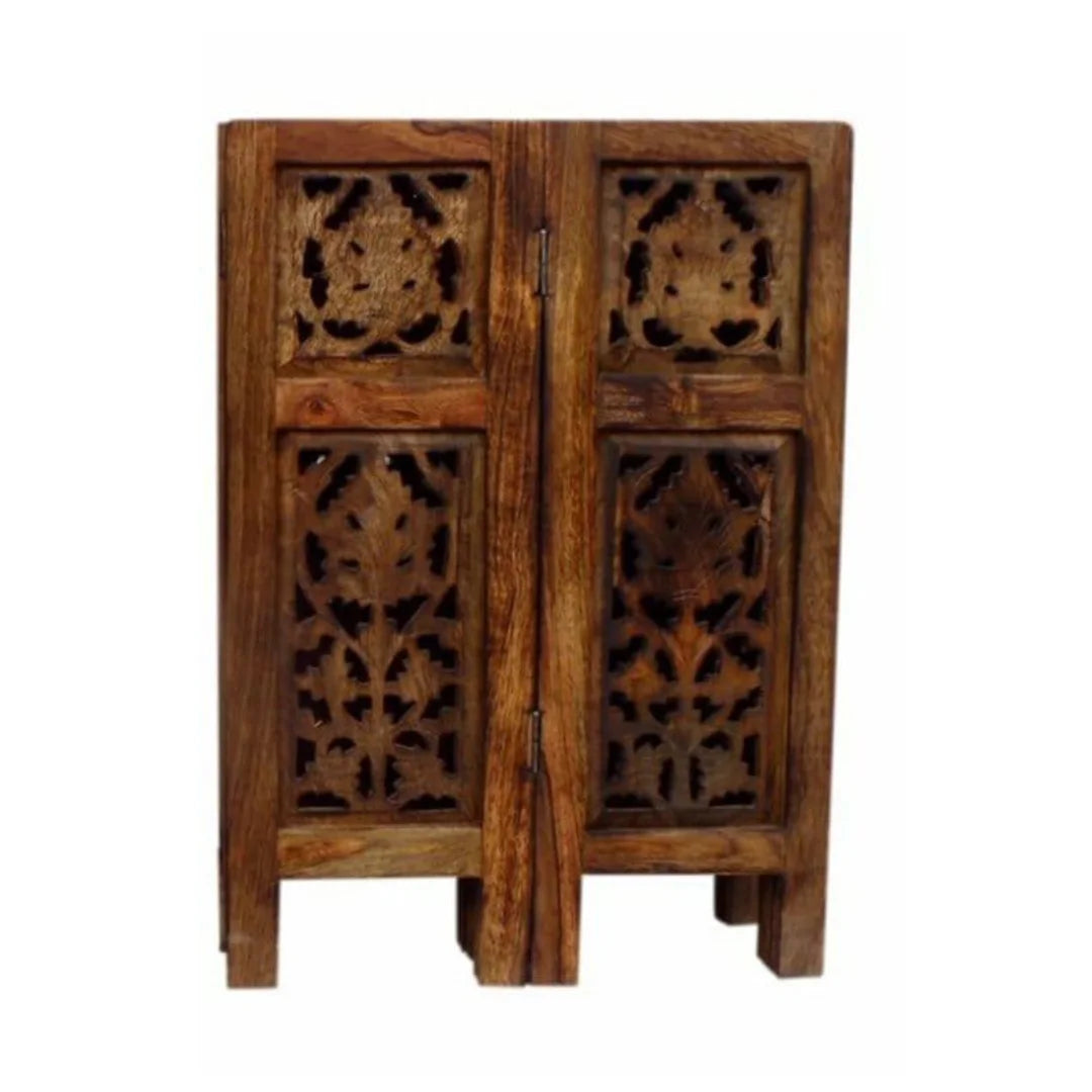 Moroccan Carved Folding Accent Table with Round Top