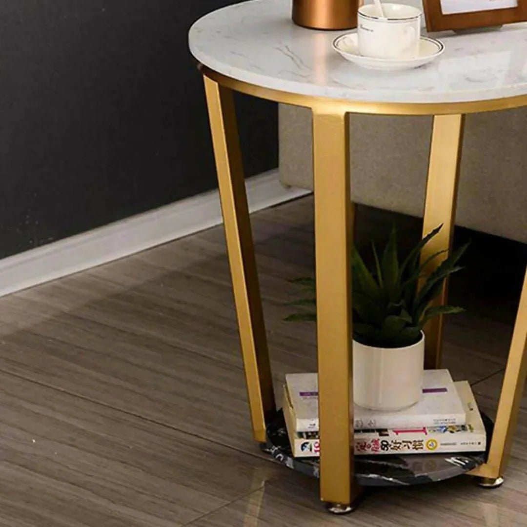 Modern Round Marble Side Table with Gold Base-Wooden Crest