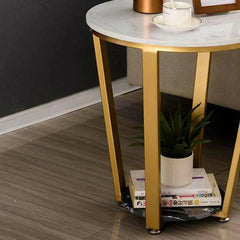 Modern Round Marble Side Table with Gold Base-Wooden Crest