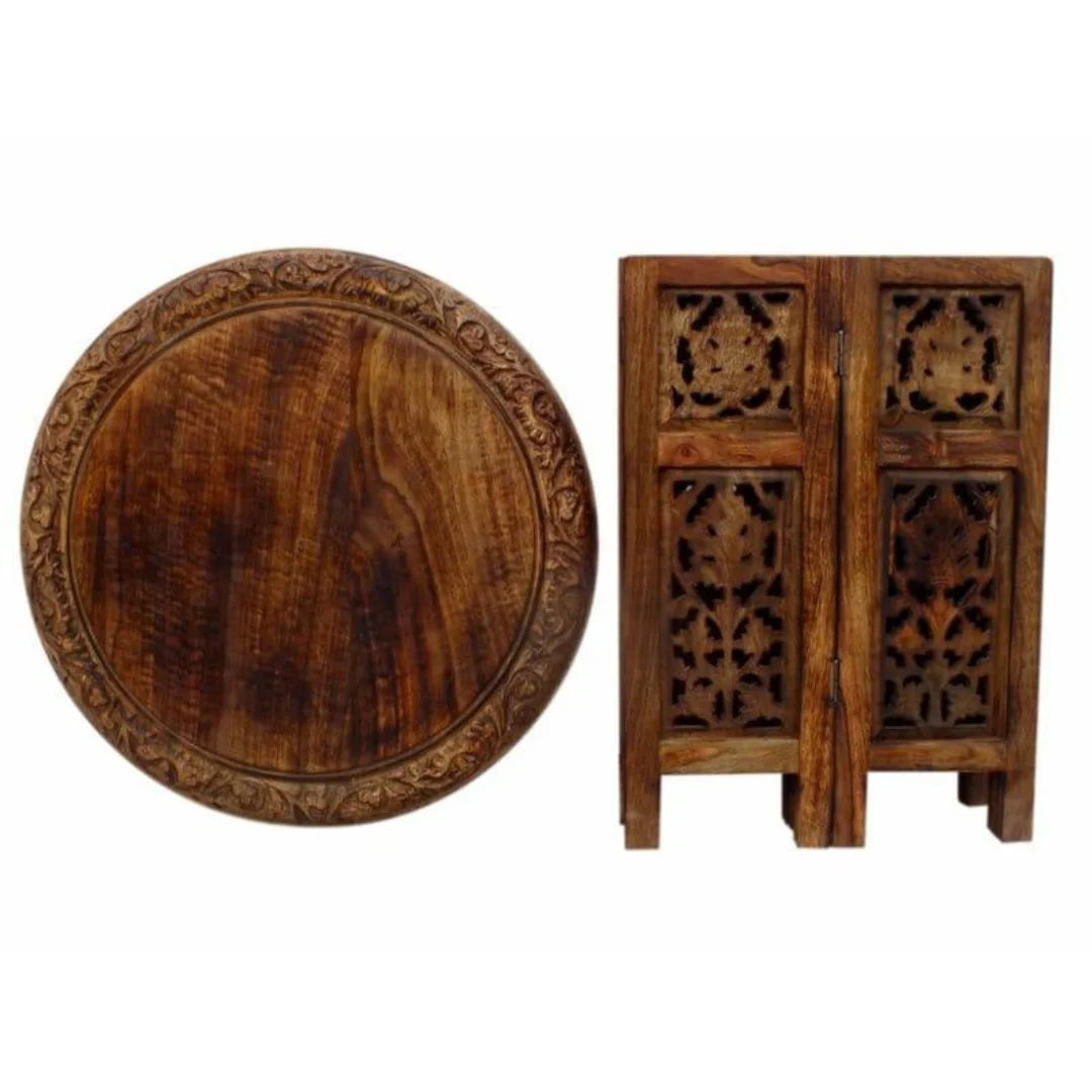 Moroccan Carved Folding Accent Table with Round Top