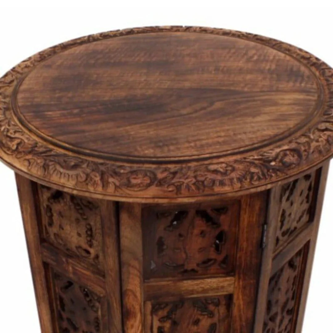 Moroccan Carved Folding Accent Table with Round Top