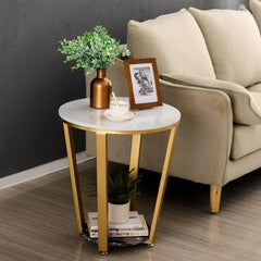 Modern Round Marble Side Table with Gold Base-Wooden Crest