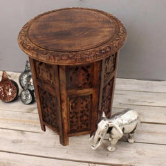 Moroccan Carved Folding Accent Table with Round Top