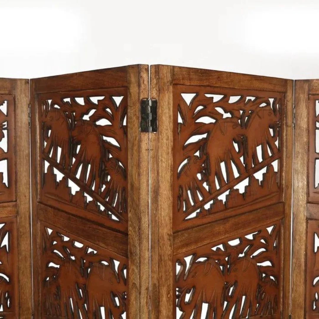 Tropical Four-Panel Room Divider with Palm Leaf Design-Wooden Crest