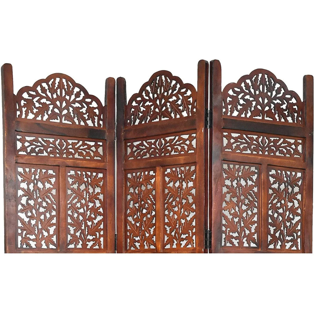 Tropical Three-Panel Room Divider with Palm Design-Wooden Crest