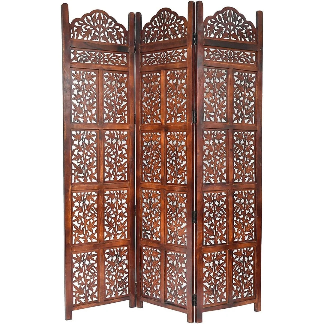 Tropical Three-Panel Room Divider with Palm Design-Wooden Crest