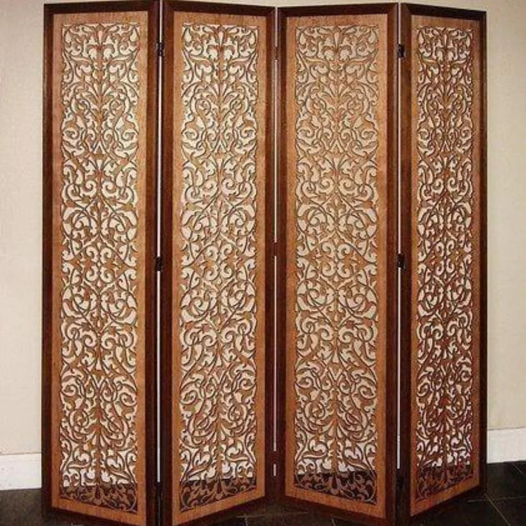 Traditional Four-Panel Room Divider with Botanical Scrollwork