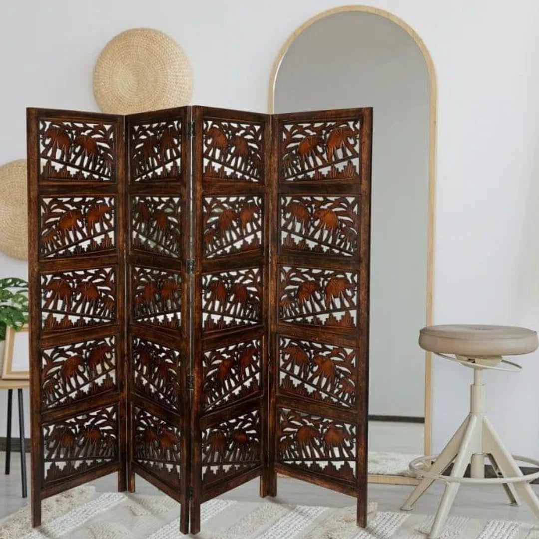 Tropical Four-Panel Room Divider with Palm Leaf Design-Wooden Crest