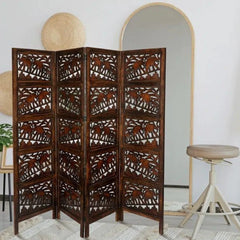 Tropical Four-Panel Room Divider with Palm Leaf Design-Wooden Crest