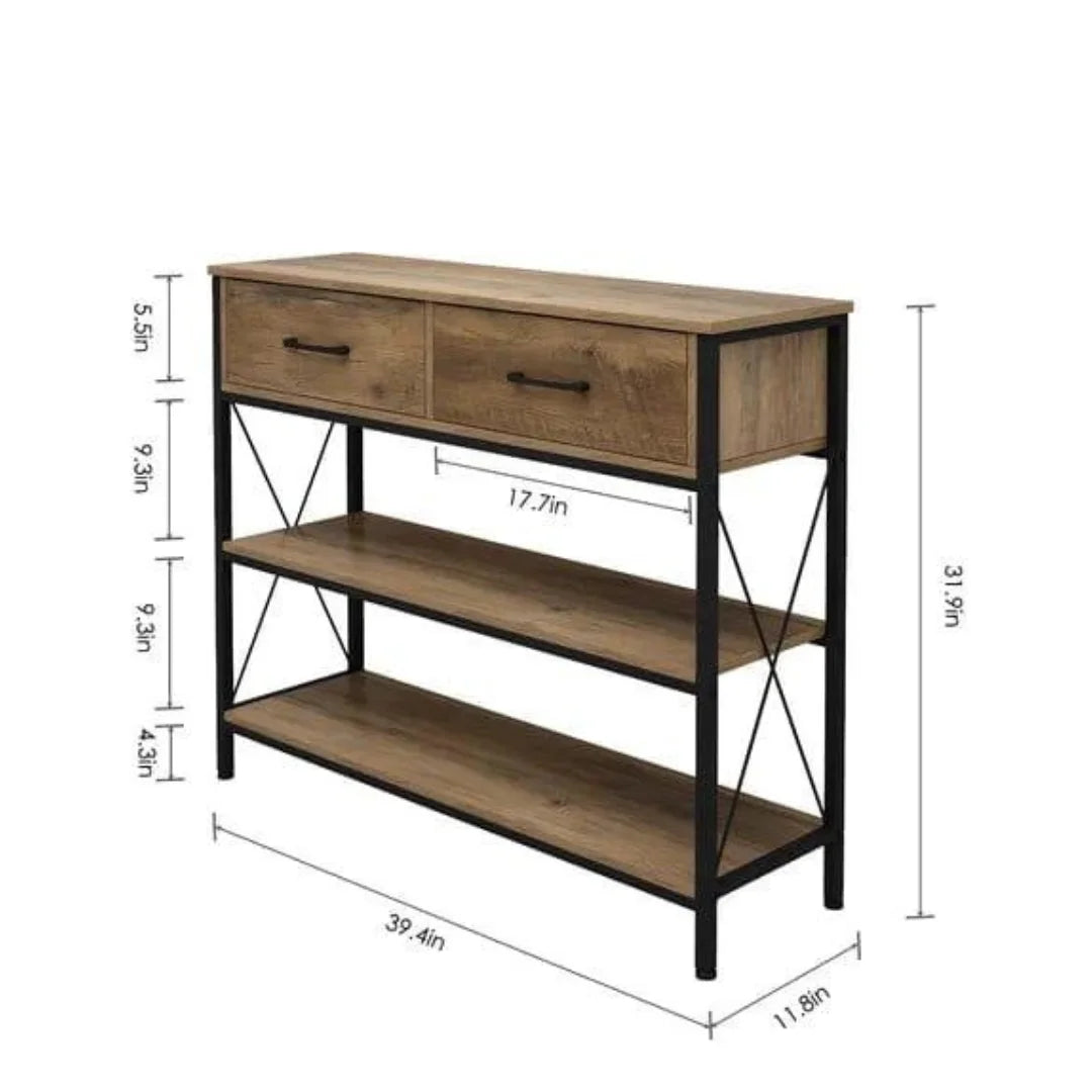 Industrial X-Frame Console Table with Storage Drawers