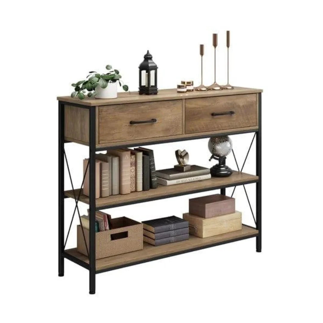 Industrial X-Frame Console Table with Storage Drawers