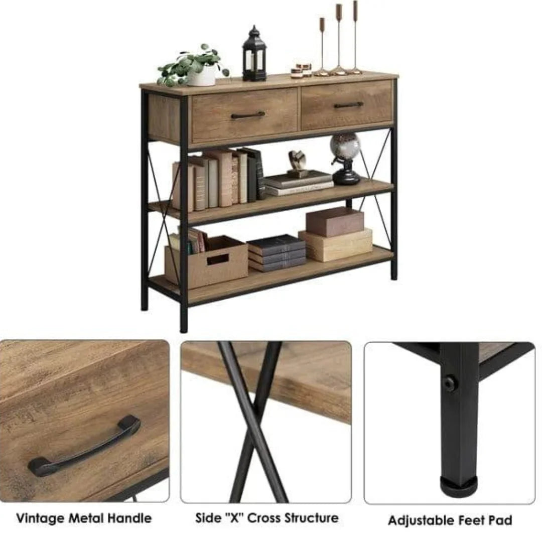 Industrial X-Frame Console Table with Storage Drawers