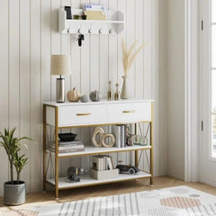 Industrial X-Frame Console Table with Storage Drawers