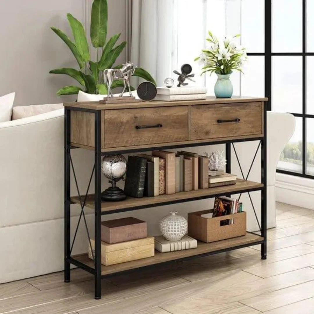 Industrial X-Frame Console Table with Storage Drawers