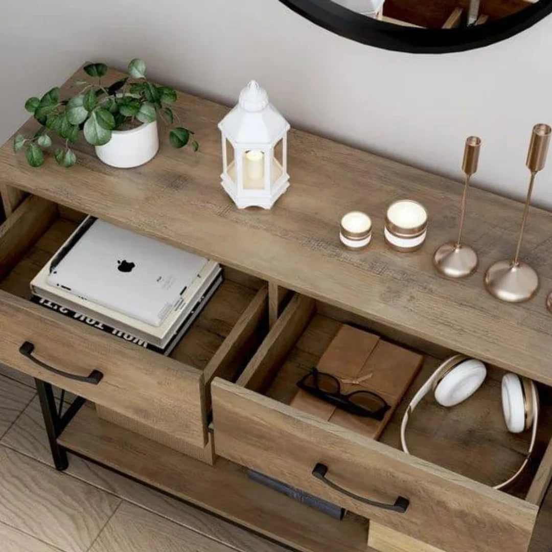 Industrial X-Frame Console Table with Storage Drawers