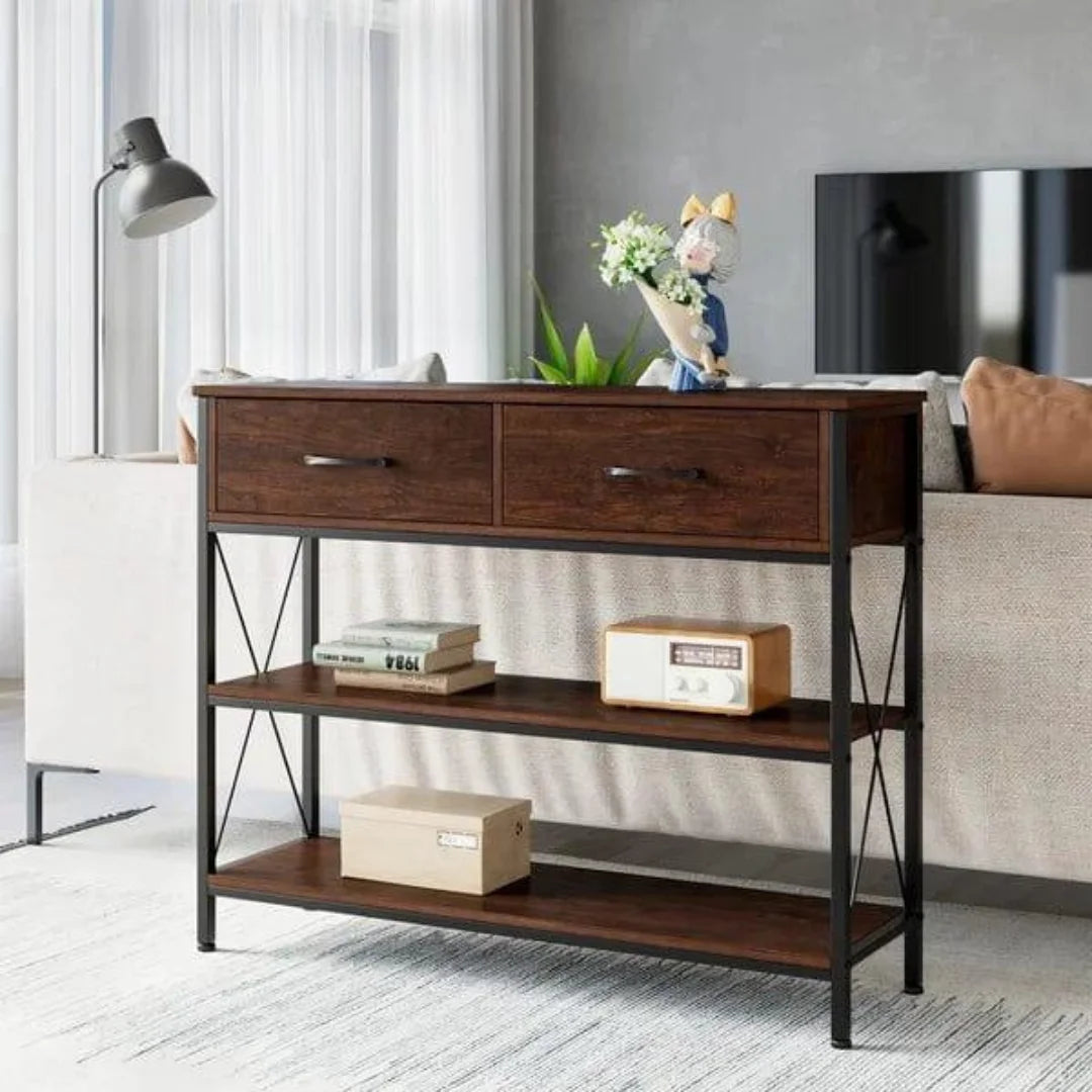 Industrial X-Frame Console Table with Storage Drawers