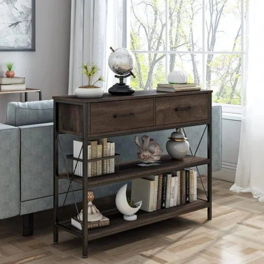 Industrial X-Frame Console Table with Storage Drawers