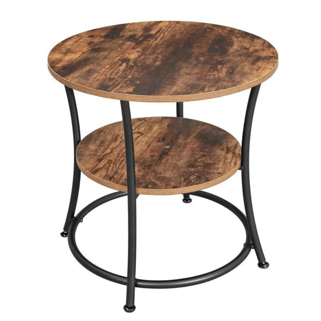 Industrial Round Side Table with Double Shelves