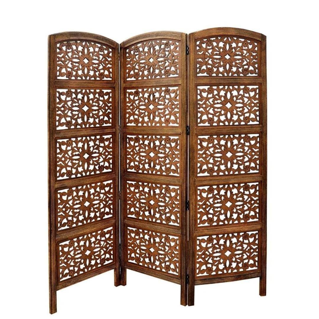 Traditional Four-Panel Room Divider with Floral Filigree Design-Wooden Crest