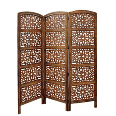 Traditional Four-Panel Room Divider with Floral Filigree Design-Wooden Crest