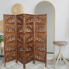 Tropical Four-Panel Room Divider with Palm Leaf Design-Wooden Crest