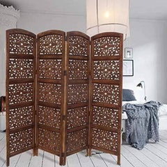 Traditional Four-Panel Room Divider with Floral Filigree Design-Wooden Crest
