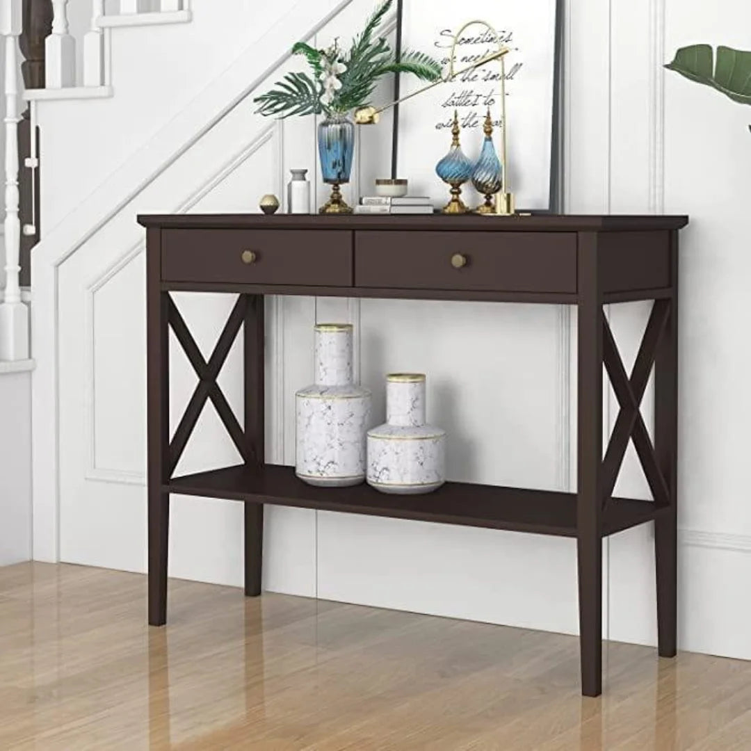 Farmhouse X-Frame Console Table with Storage Drawers