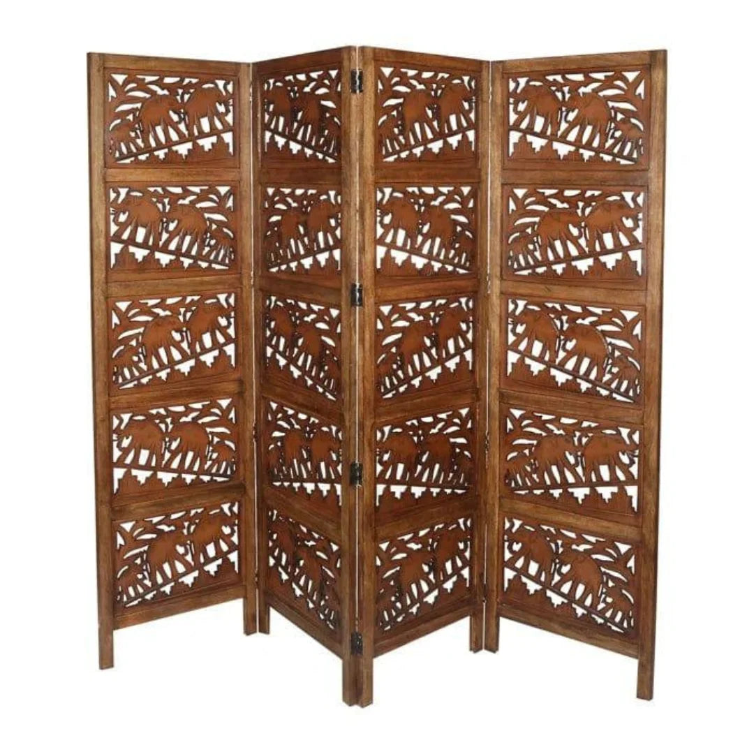 Tropical Four-Panel Room Divider with Palm Leaf Design-Wooden Crest