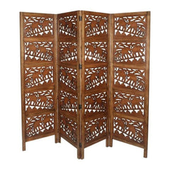 Tropical Four-Panel Room Divider with Palm Leaf Design-Wooden Crest