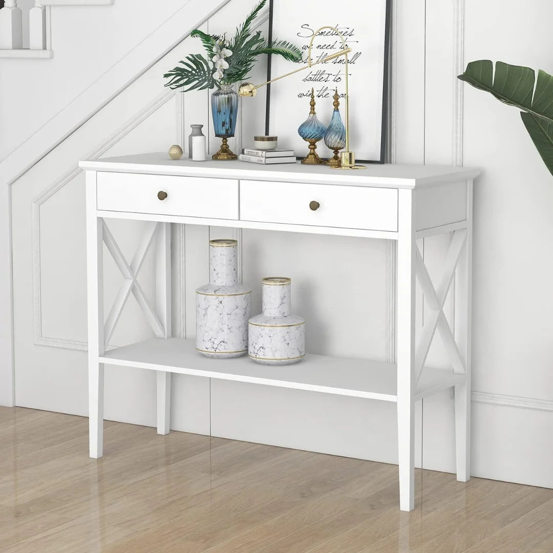 Farmhouse X-Frame Console Table with Storage Drawers