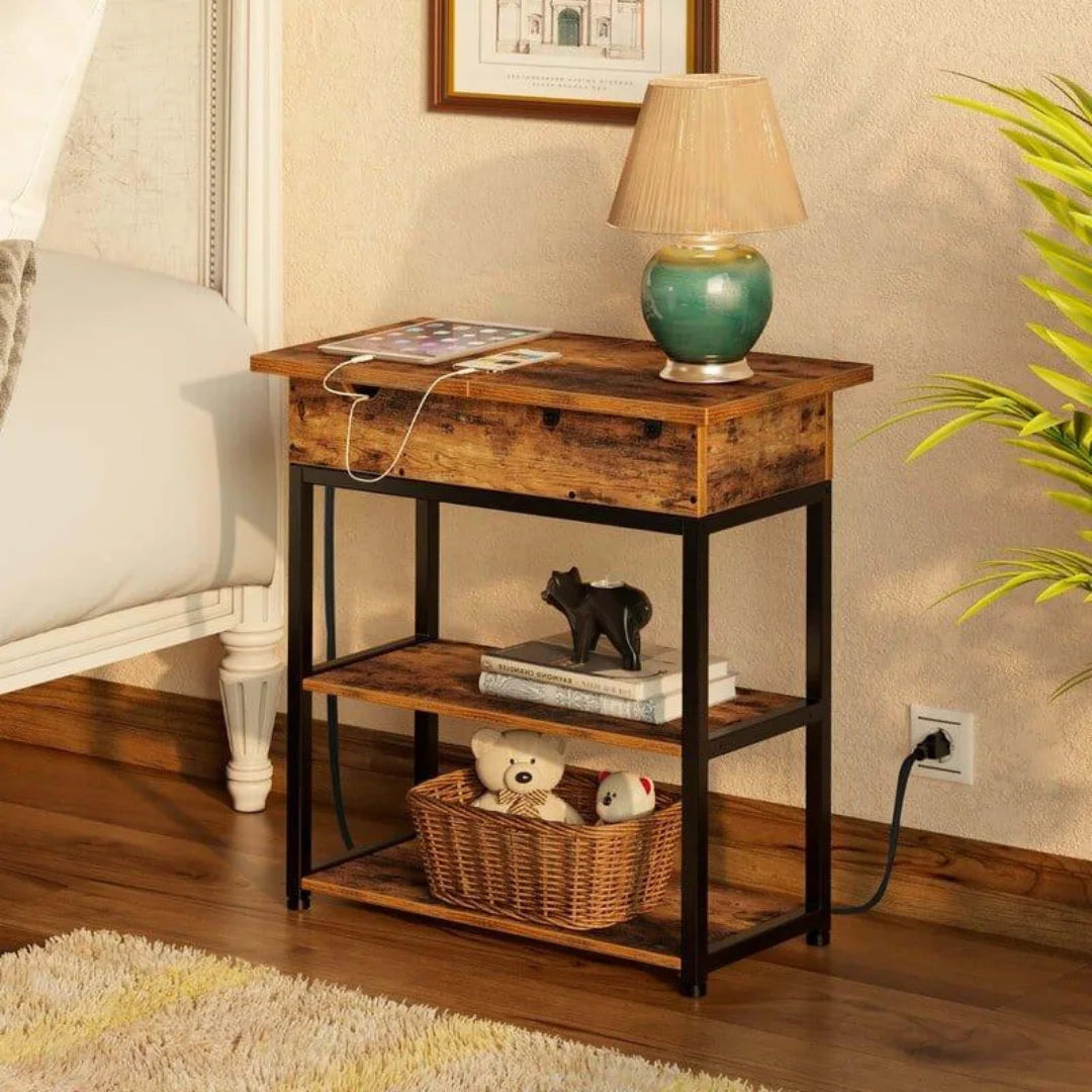 Industrial Side Table with Power Hub and Hidden Storage