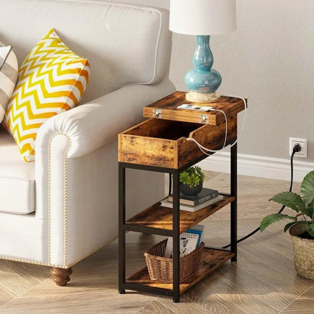 Industrial Side Table with Power Hub and Hidden Storage